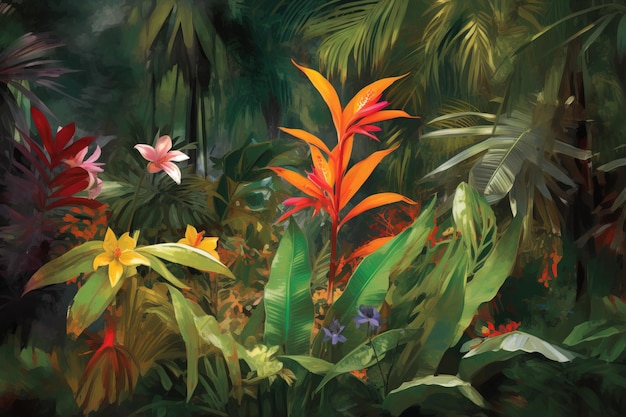 A tropical garden with tropical plants and flowers.