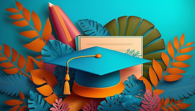 Тропический выпускной фон с шапками и дипломом Генеративный ИИ