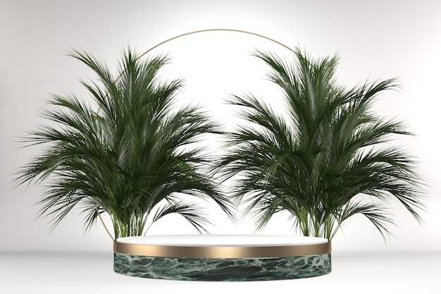 The Tropical granite Podium geometric and plants decoration on white background .3D rendering