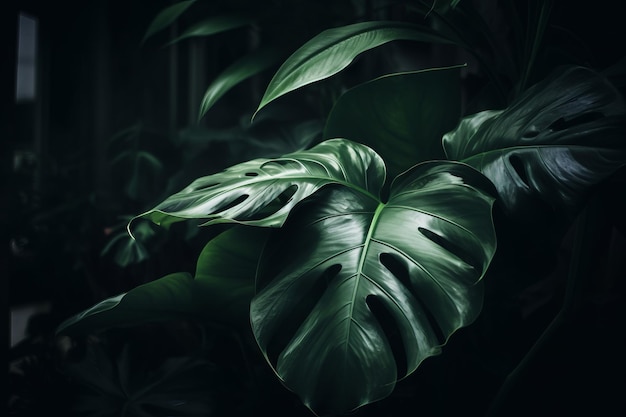 Тропический зеленый лист на фоне темных тонов Generative AI