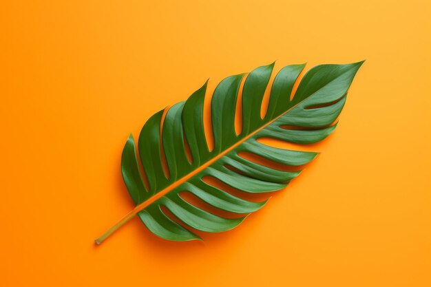 Tropical green leaf on an orange color background in the style of playful compositions