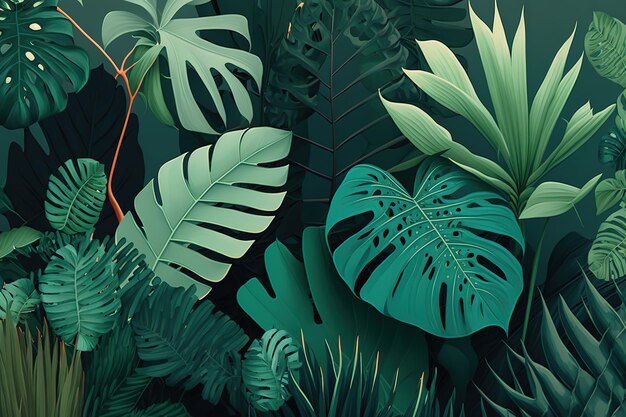 Tropical green leaves Beautiful minimalistic print for your decor for postcard congratulations and poster Generative AI