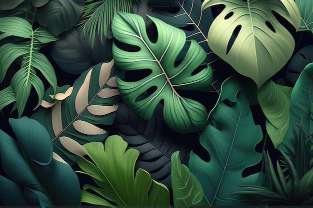 熱帯の緑の葉 お祝いのはがきやポスターの装飾用の美しいミニマルなプリント ジェネレーティブ AI