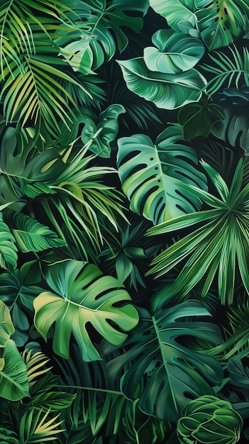 Tropical green leaves create a lush and vibrant background