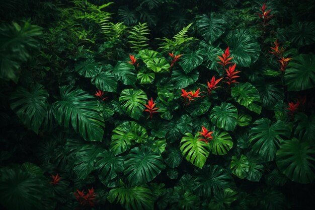 Tropical green leaves on dark background Nature forest plant concept