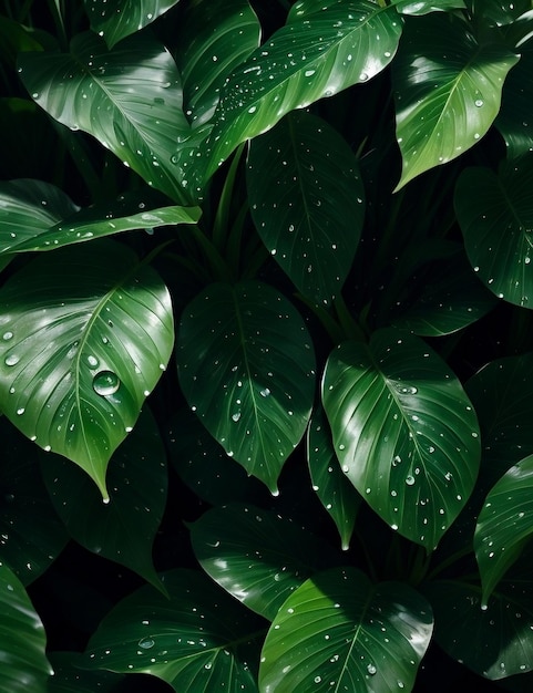 Tropical green leaves texture with raindrops