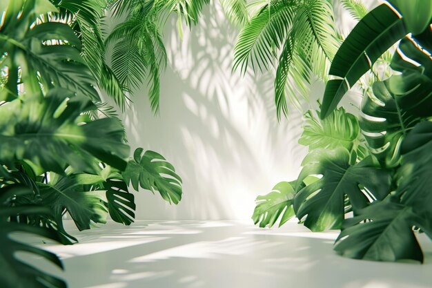 Tropical green leaves with sun rays filtering through creating a serene and natural background
