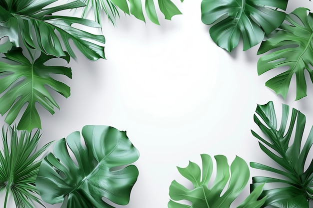 Tropical green monstera leaves frame on a white background with space for text
