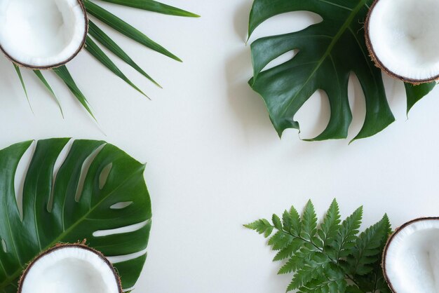 Tropical green palm leaf and cracked coconut on white background Nature concept flat lay top view