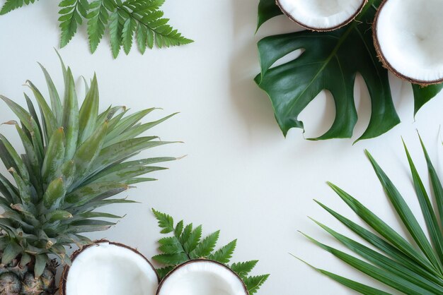 Tropical green palm leaf and cracked coconut on white background Nature concept flat lay top view