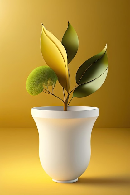 Тропическая зеленая ветка дерева в белой винтажной глиняной вазе в тени солнечного света на золотисто-коричневой стене для роскоши