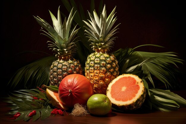 Photo tropical harmony exotic pineapple and carambolas amidst watermelon and palm leaf oasis ar 32