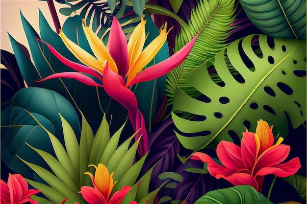 Тропический гавайский узор с цветами гибискуса, генеративный AI