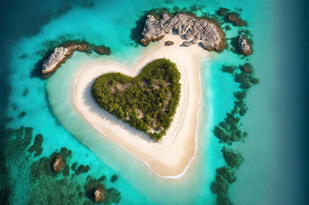 Тропический необитаемый остров в форме сердца с белым песчаным пляжем и бирюзовой водой Генеративный AI