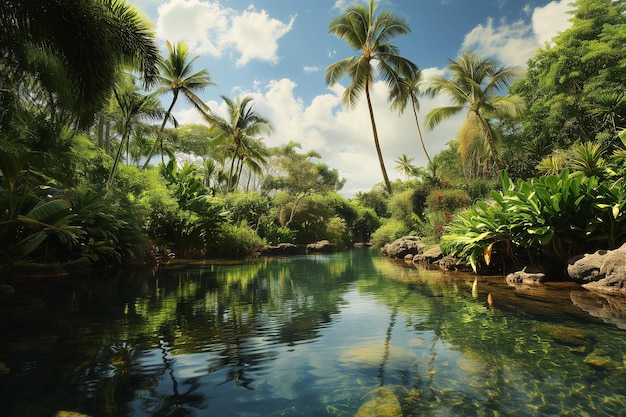 Tropical Heavenly Oasis Honalulu beautiful landscape with palm and river