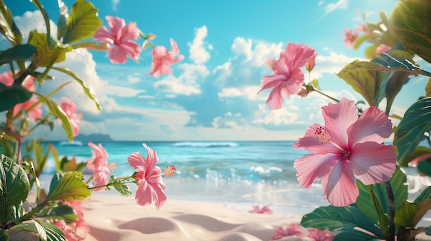 해변 에 있는 열대 히비스쿠스 꽃