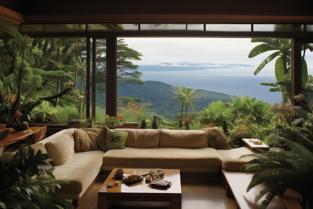 Tropical home interior with panoramic jungle view