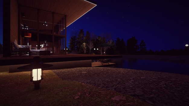 トロピカルハウスのエクステリアデザイン夜の暗い空の黒い森と小さな星の3Dイラスト