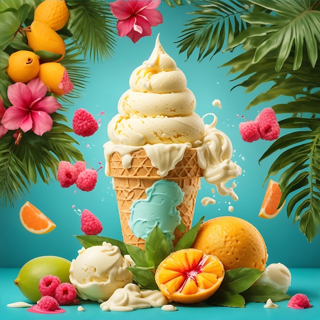 Tropical ice cream background with palm trees tropical fruits and refreshing AI generated