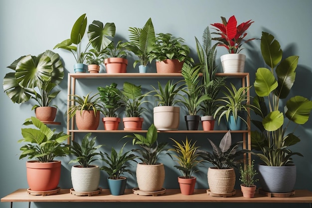 Tropical indoor house plants in flower pots arranged on shelf