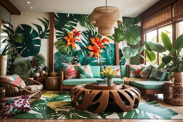 Foto interior design tropicale del soggiorno