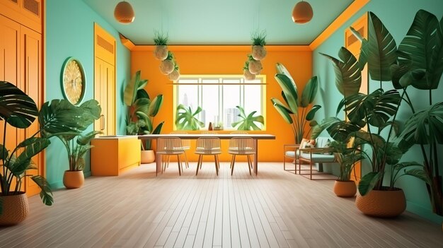 Tropical interior Hawaiian style 3d render Bright color Generative Ai