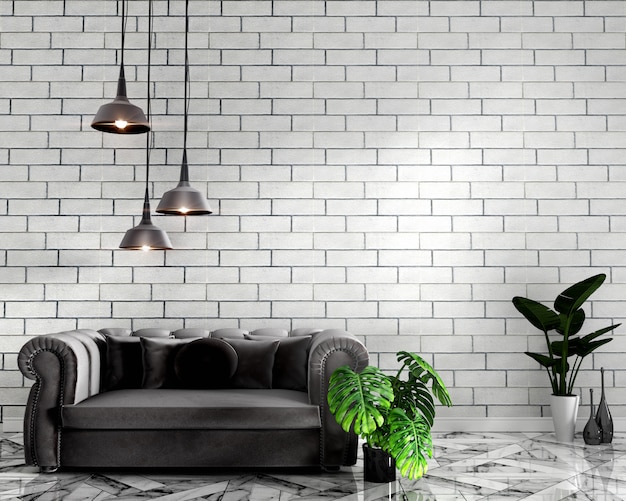 Tropical interior mock up with sofa decoration and white brick wall on granite floor