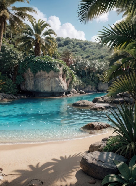 Tropical Island Beach 3D Render Free Stock Photo Oceaanstrand met uitzicht op de zee natuurlijke landschappen en eilanden