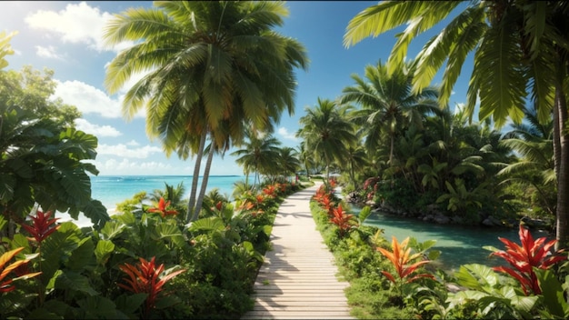 A tropical island beach with pathway
