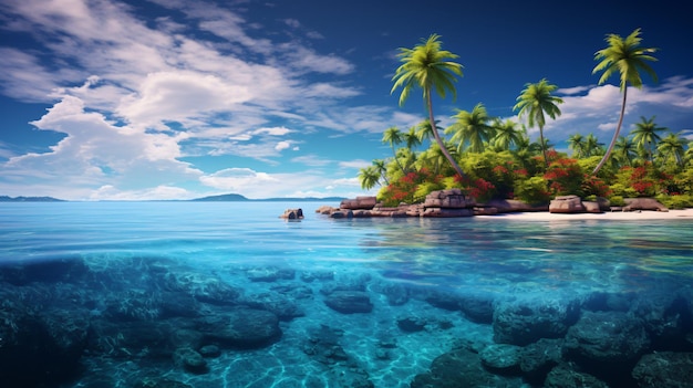 Tropical island and blue sea water around it