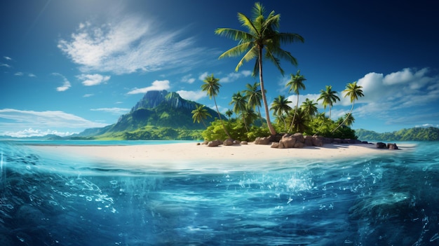 Tropical island and blue sea water around it