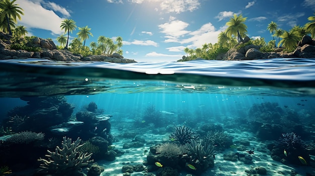 Tropical Island And Coral Reef Split View With Waterline