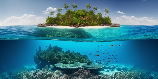 Tropical island and coral reef underwater Seascape with tropical fish with AI generated