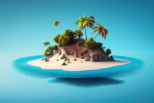 トロピカル・アイランド・フローティング・オン・ブルー・オーシャン エキゾチック・パラダイス・リゾート ランドスケープ ブルー・ラグーン 崖っちとジャングル 無人島 3Dコンポジション AIジェネレーティブ・イラストレーション