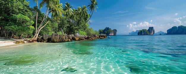 熱帯の島を飛び回って 水晶の水を発見する すべての海岸で