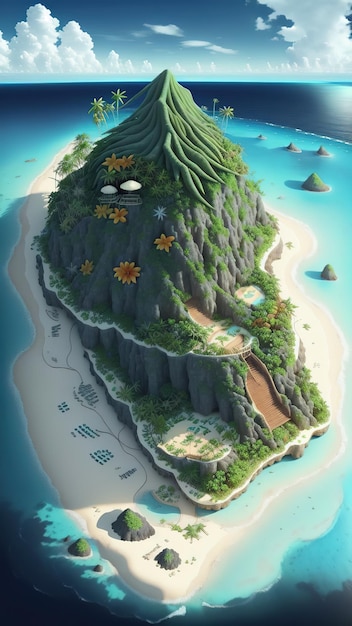 Tropical island illustration 3D cartoon style