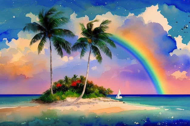 Иллюстрация тропического острова с радугой и пальмами Generative AI