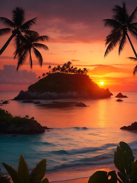 Photo a tropical island landscape with sunset in background ai image