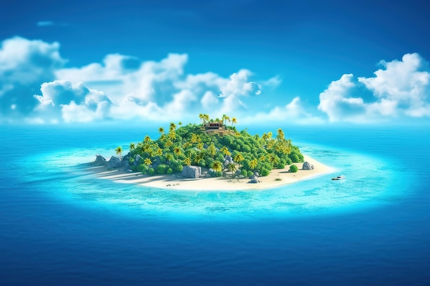 A tropical island in the ocean with a blue sky and clouds