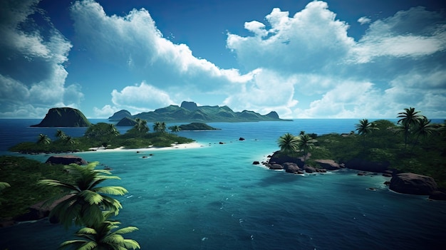 A tropical island in the ocean with a blue sky and clouds.