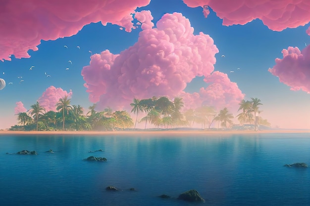 Foto isola tropicale nell'oceano con palme verdi sabbia bianca sotto il cielo blu con nuvole rosa illustrazione 3d