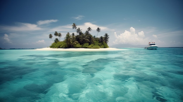 Tropical island in the ocean with palm trees and clear water Created with Generative AI technology