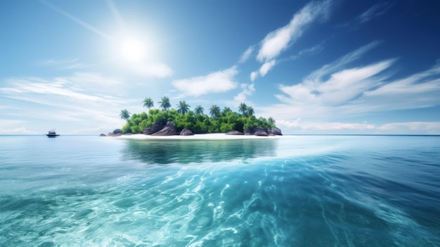 Tropical island in the ocean with palm trees and clear water Created with Generative AI technology