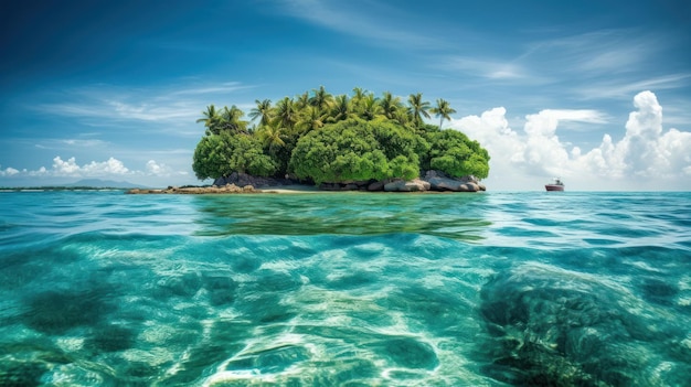 Tropical island in the ocean with palm trees and clear water created with generative ai technology