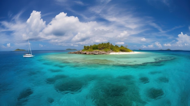 Tropical island in the ocean with palm trees and clear water Created with Generative AI technology