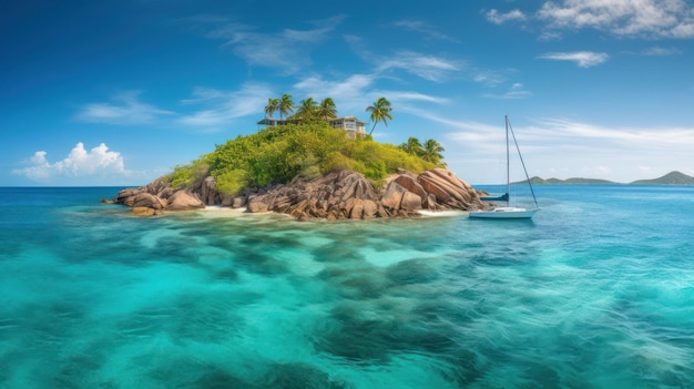 Tropical island in the ocean with palm trees and clear water Created with Generative AI technology