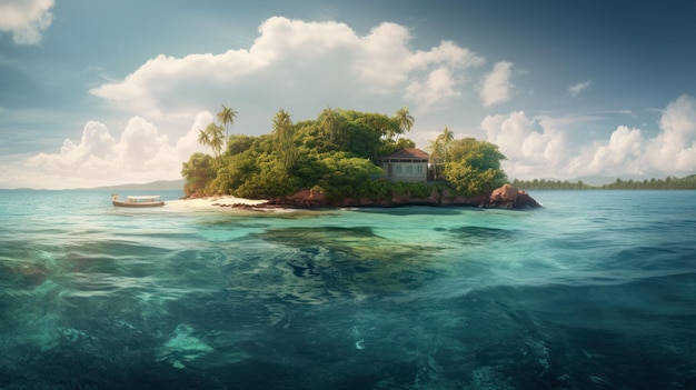 제너레이티브 AI 기술로 만든 야자수와 맑은 물이 있는 바다의 열대 섬