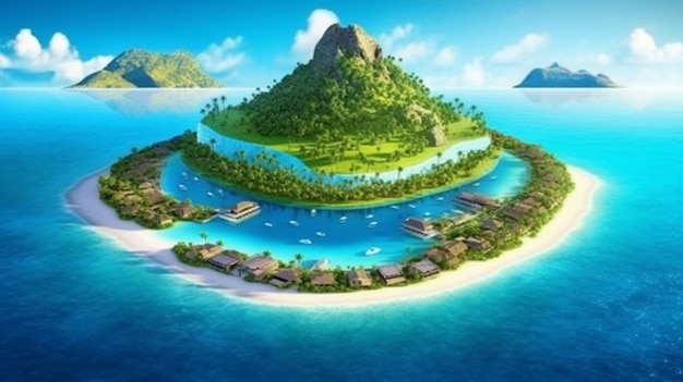 A tropical island in the ocean with a tropical island in the middle.