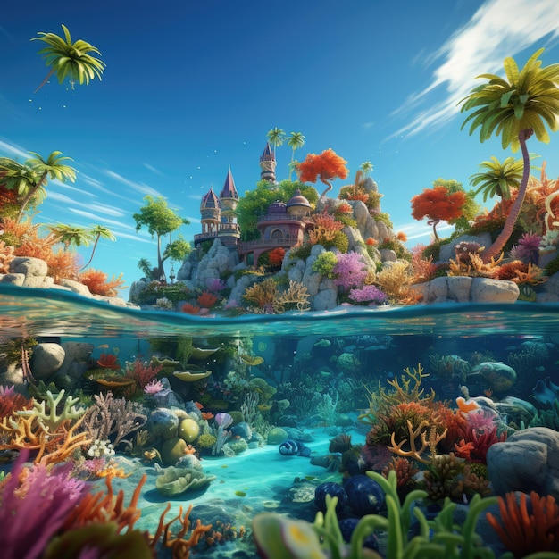 Тропический райский остров с кристально чистой водой, пляжами с пальмами и разноцветными кораллами