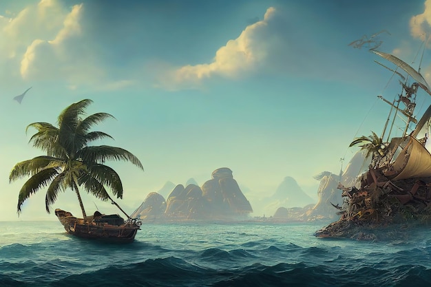 Tropical island in the sea with a broken ship palm trees under\
a clear sunny sky 3d illustration